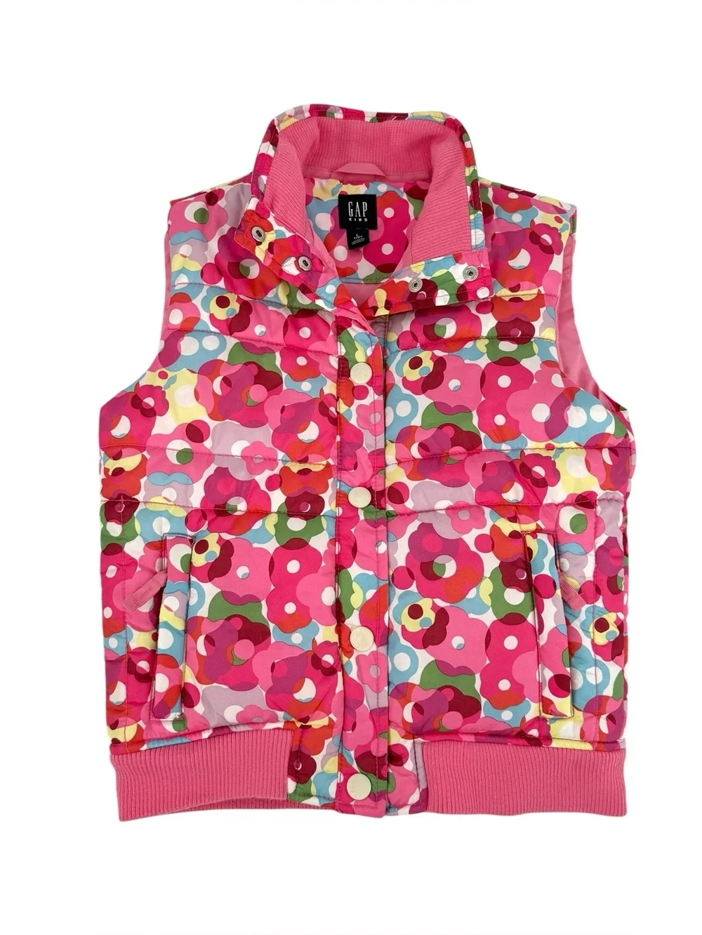 Vintage GAP Puffer Vest Girls Size Large Pink Floral Snap Front Y2K 2005